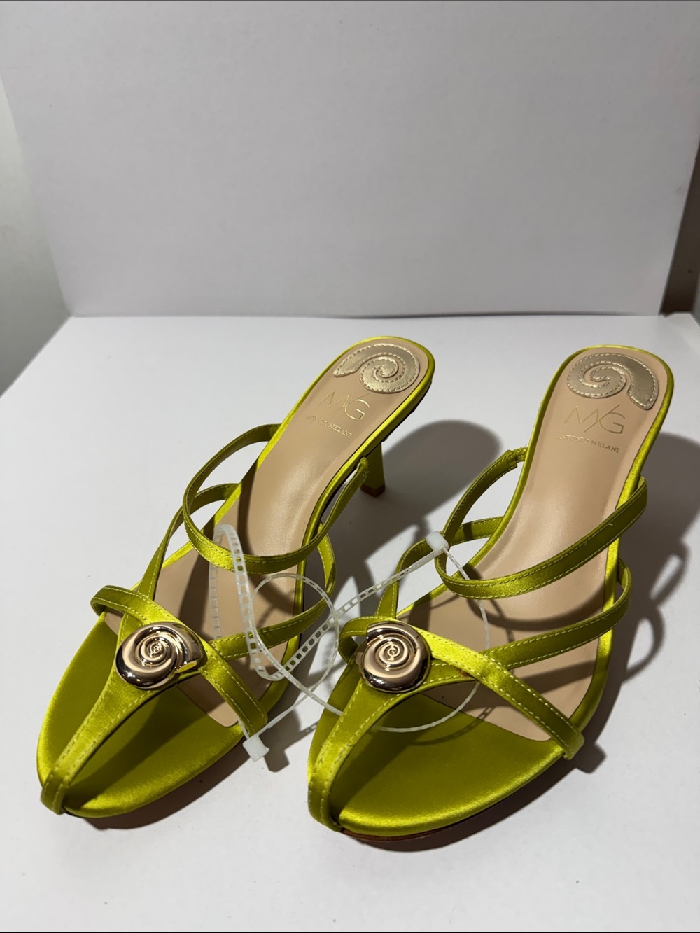 ANTONIO MELANI Lime Satin Strappy Heels with Gold Medallion Accent